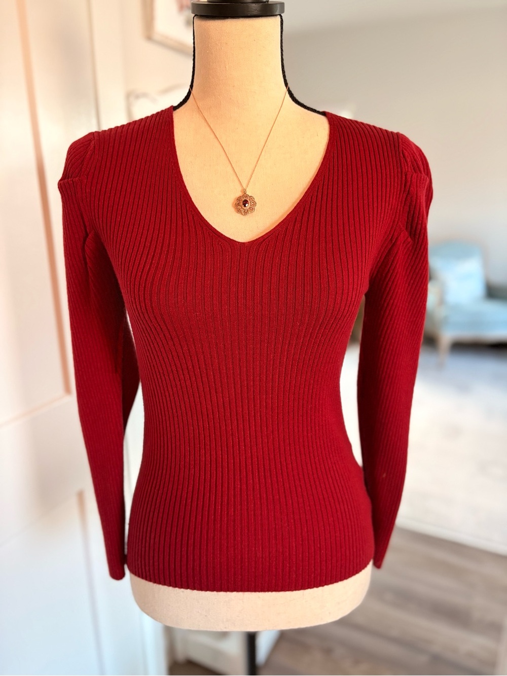 zeagoo Red Ribbed V-Neck Sweater